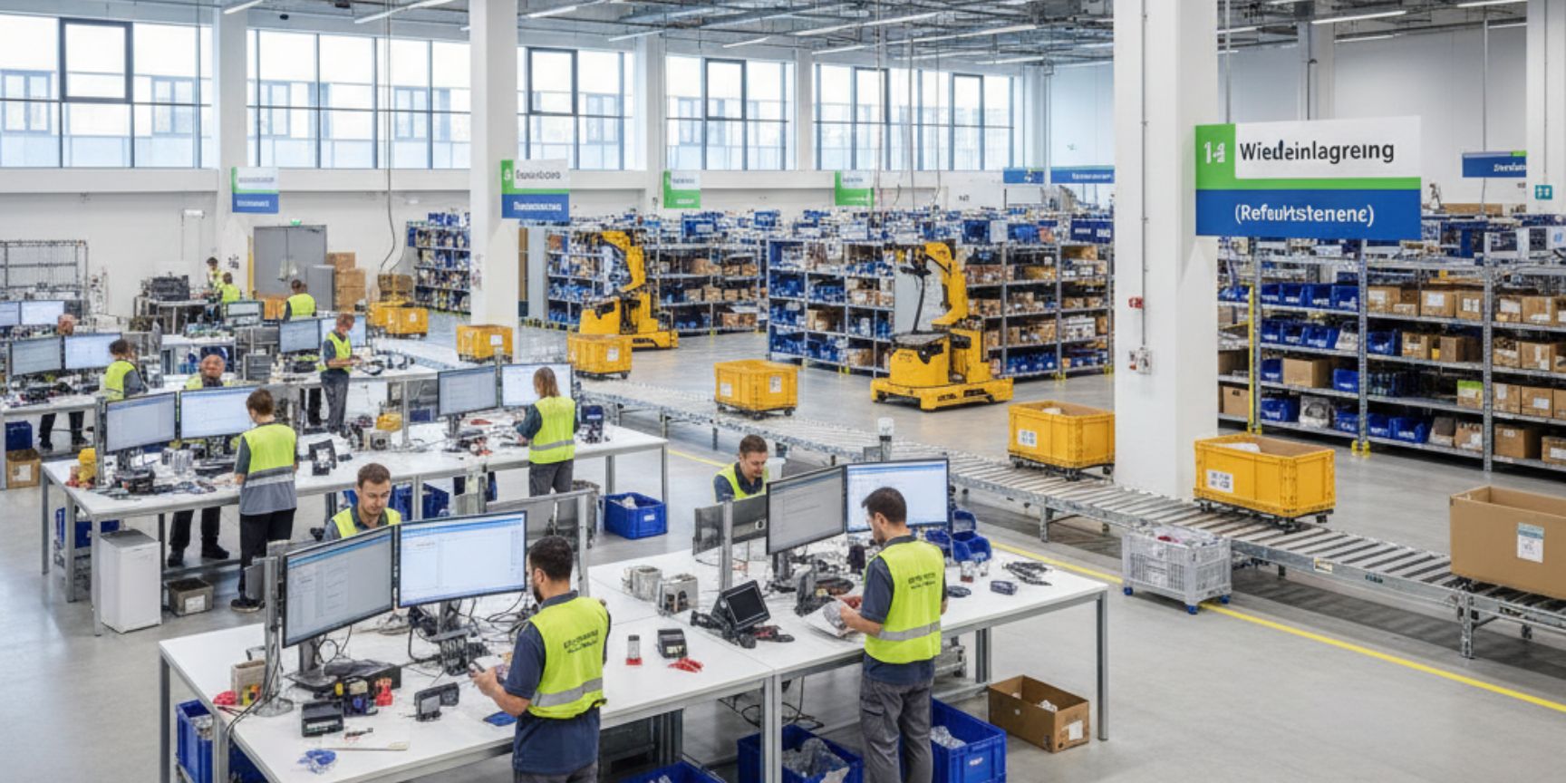 Mitarbeiter in einem modernen Logistikzentrum bearbeiten Retouren an Prüfplätzen, umgeben von Förderbändern und Regalen mit aufbereiteten Waren, was die Komplexität der Reverse Logistics im Lageralltag darstellt